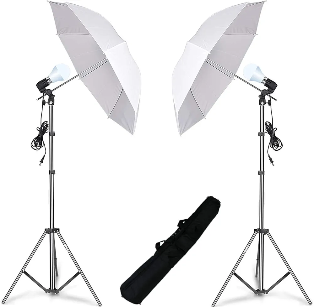 HIFFIN E27 Studio Single Holder Umbrella Lighting Kit for Photography Umbrella White + Light Stand 9Ft and Bulb Holder Kit Set of 2 Daylight.